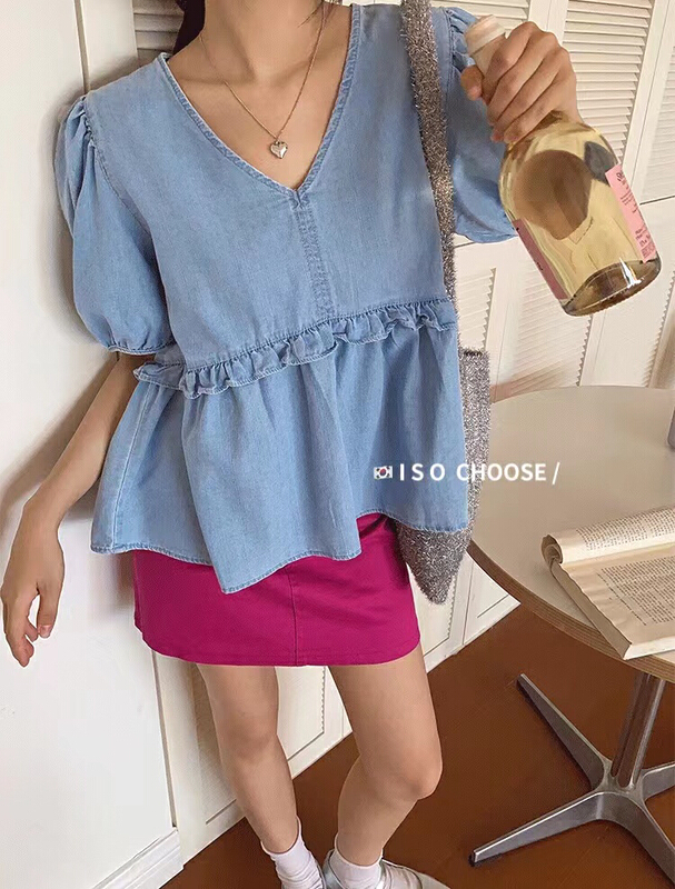 [ISO Korean] Korean version sweet V-neck pleated shirt 66275\hjy