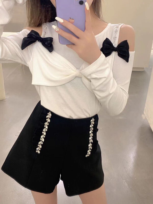 New year in early spring! [rich people] round neck off shoulder sleeve bow tie sweater 1008\pcz