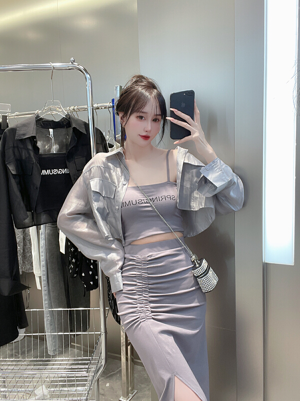 [m&m] simple and versatile shirt + comfortable slim tank + design skirt suit 16510\pcz