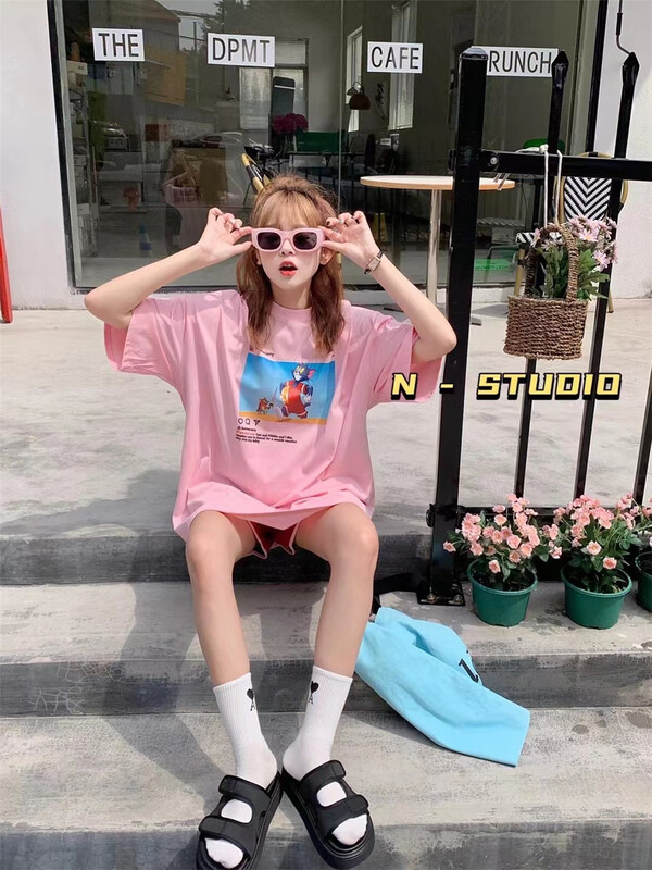 【N】 Simple casual cartoon printed loose short sleeve T-shirt 0983\wtt