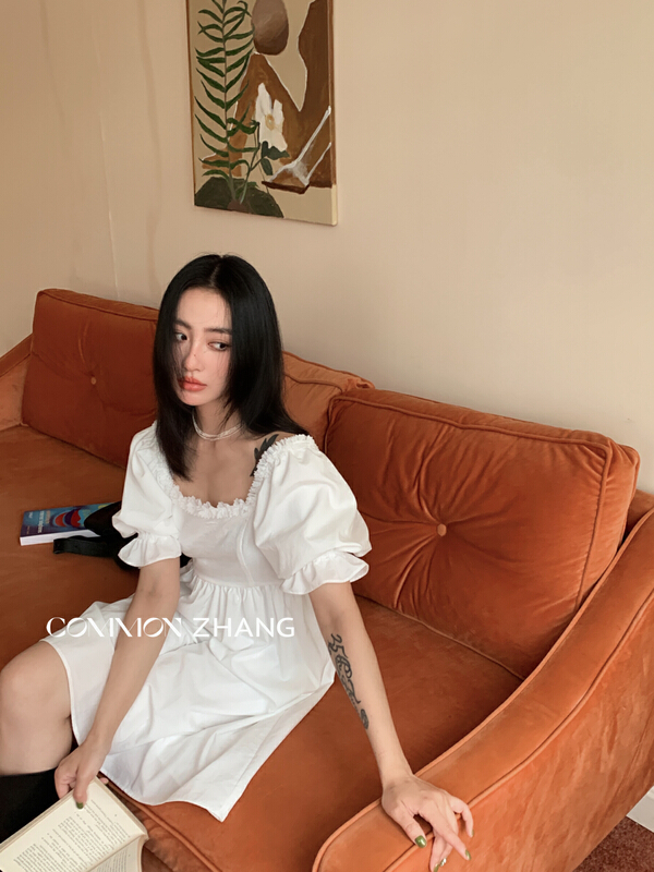 [CZ Zhang] Korean textured bubble sleeve square neck dress 62553\jhy