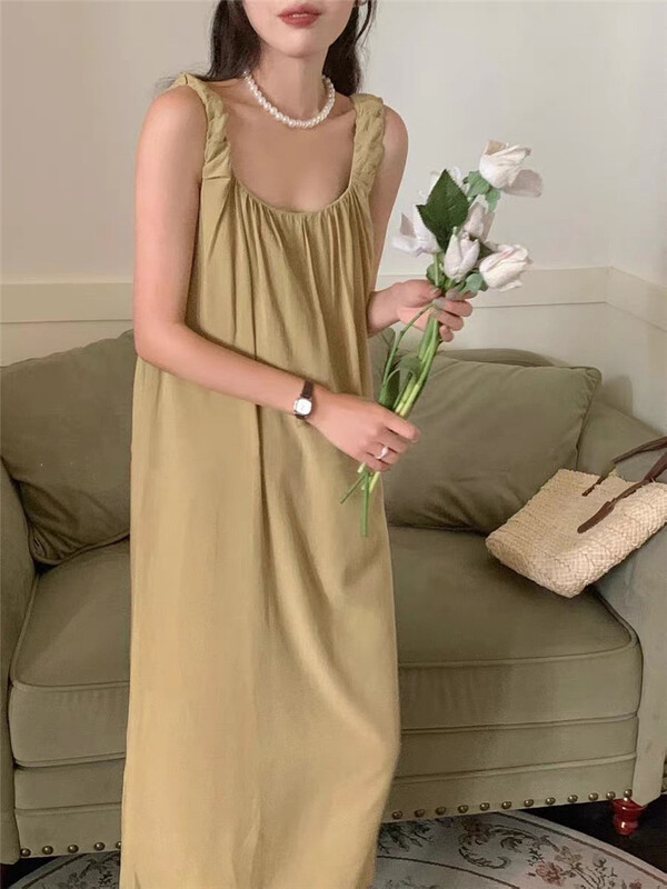 【E】 Tencel cotton simple split solid dress j046\xyy