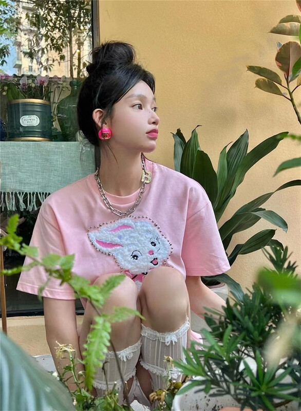 [big C studio] three dimensional embroidery flocking rabbit short sleeve T-shirt 1172\pcz