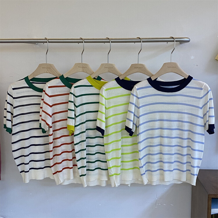 [seek peach] casual simple round neck stripe short sleeve T-shirt s1903\ll