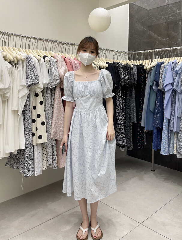 [uone] little women's square neck waist closing bubble sleeve dress 98670\lsl