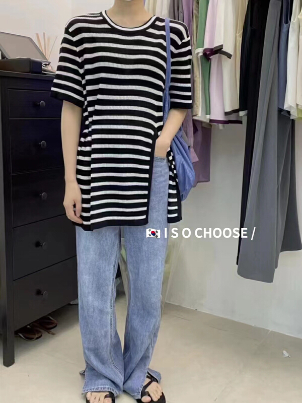 [ISO Korean] striped loose slit T-shirt 9912\hjy