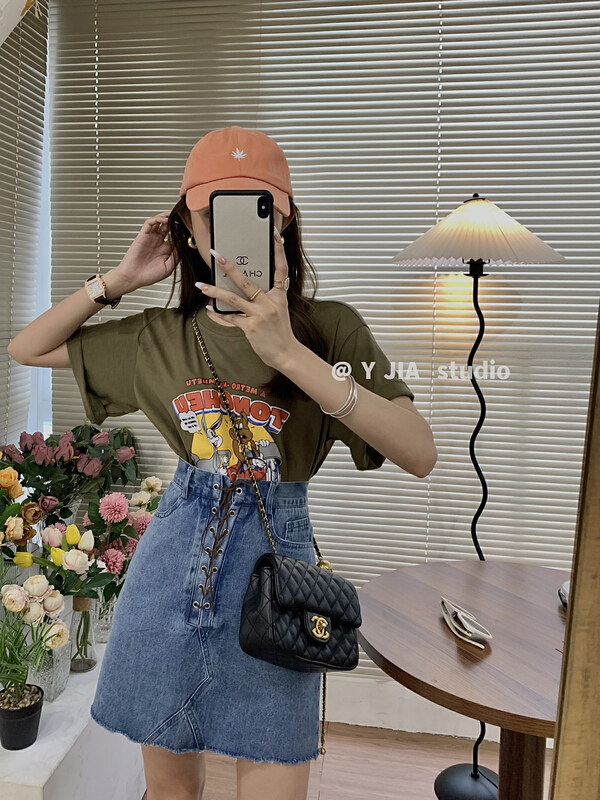 Original price 77.83! [y.jia EJA] cartoon short sleeve strap denim skirt suit 7303
