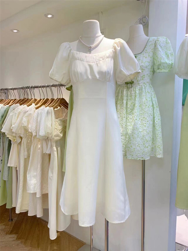[Lulu grace] French style square neck bubble sleeve dress 6382\zjy