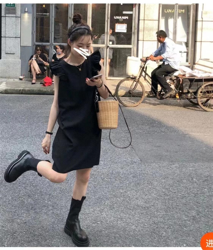 [Han C family] round neck solid color flying sleeve dress 9208\pcz
