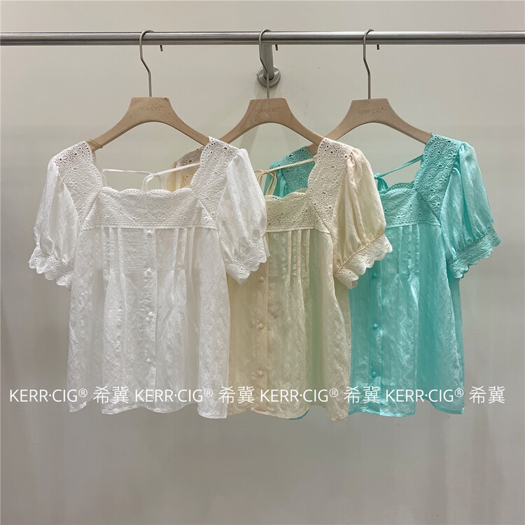 [CIG] Square Neck Lace Edge fresh shirt 6110\zjy