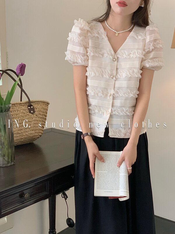 [ing] French V-neck bubble sleeve button up shirt three-dimensional cutting design 9070