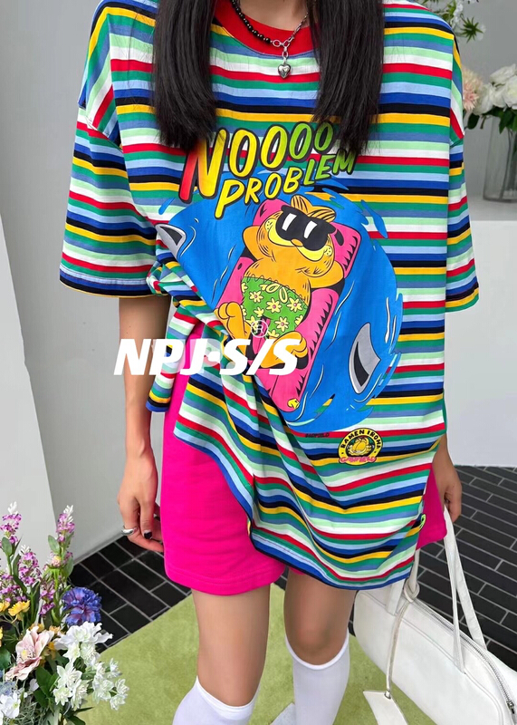 [wlady/npj supporting actress] fashion cartoon stripe lower leg split short sleeve T-shirt w613\wtt