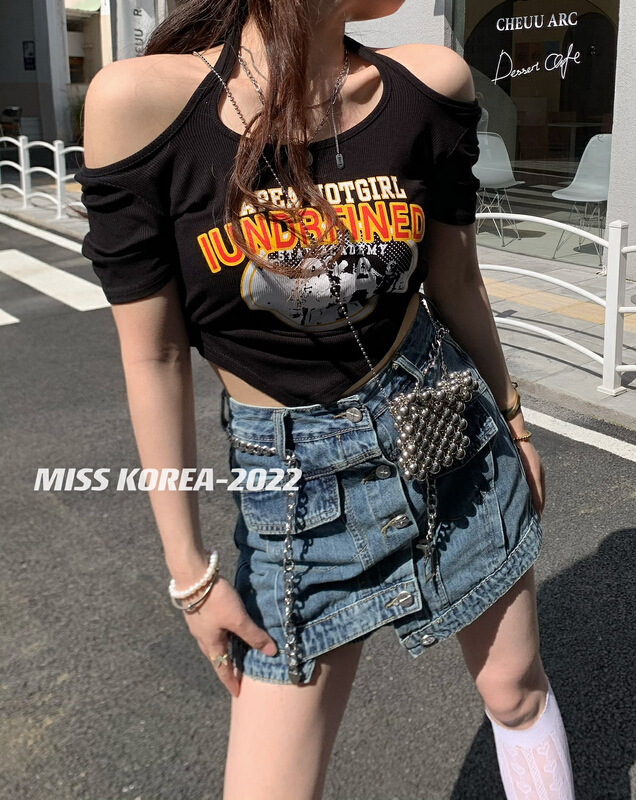 [Miss Korea] hot girls' printed halter neckline short sleeved T-shirt 6808\hbx