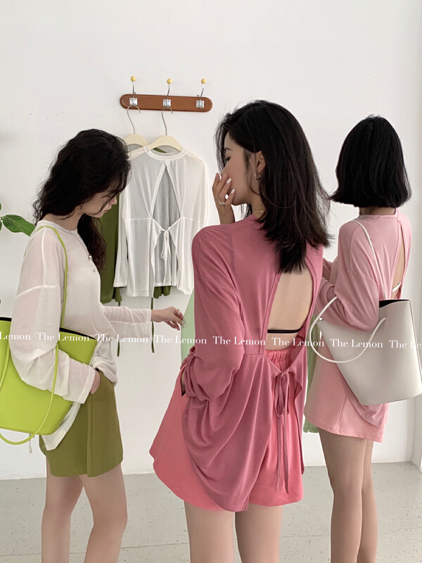 [lemon green tea] Korean version solid color loose care machine backless sunscreen shirt 2225\hjy
