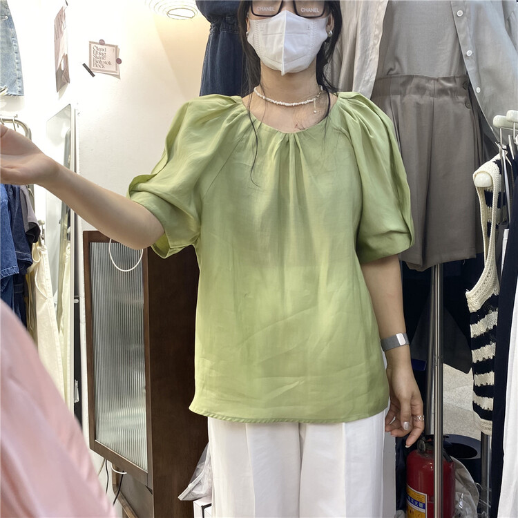 [Zr] casual simple solid color bubble sleeve shirt 5550\xyy