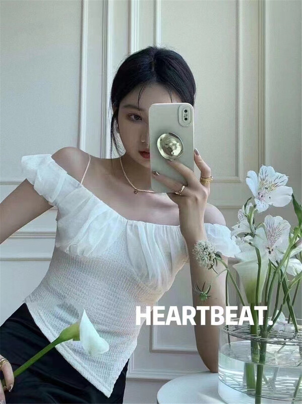 [hearteat] twill design mesh off shoulder shirt 554\zjy