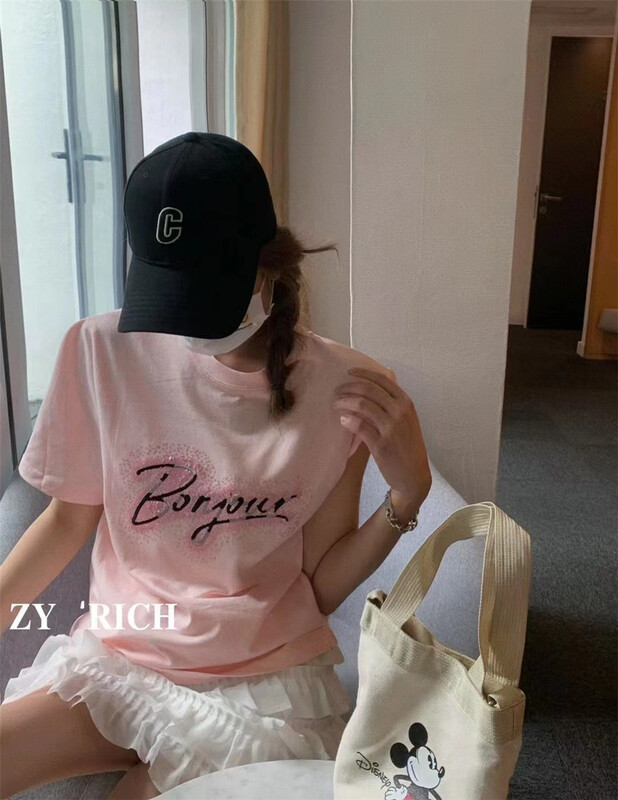 [ZY] Sequin letter round neck Pullover short sleeve T-shirt 2095\wtt