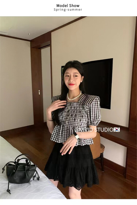 [vivid] Korean version pull up collar plaid shirt 1718\zjy