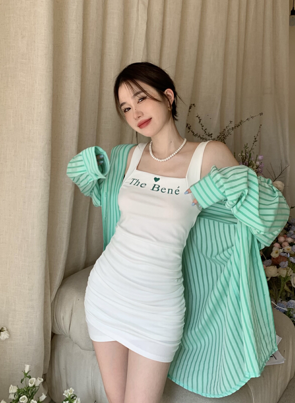 [y.jia EJA] loose sunscreen striped shirt + simple knitted sexy suspender dress set 3370-1\pcz