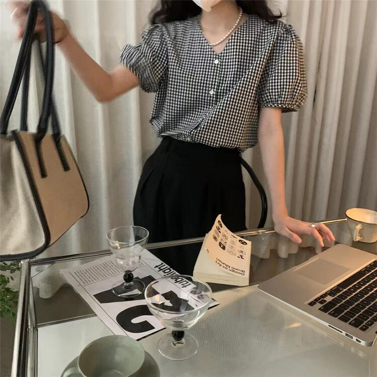 [h-xl] V-neck Bubble Sleeve Plaid Shirt 3610\ll