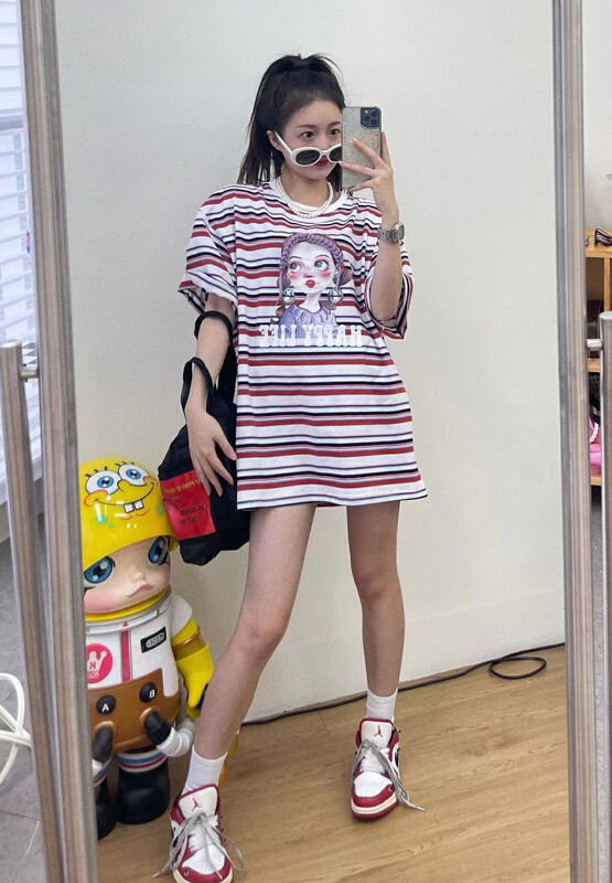 [kakamee] lace up fried dough twist heavy industry embroidery girls' short sleeve T-shirt printed embroidery 5055