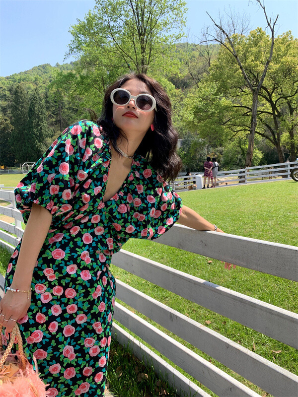 [Yong swimmer] idyllic V-neck floral long dress 9100\wtt