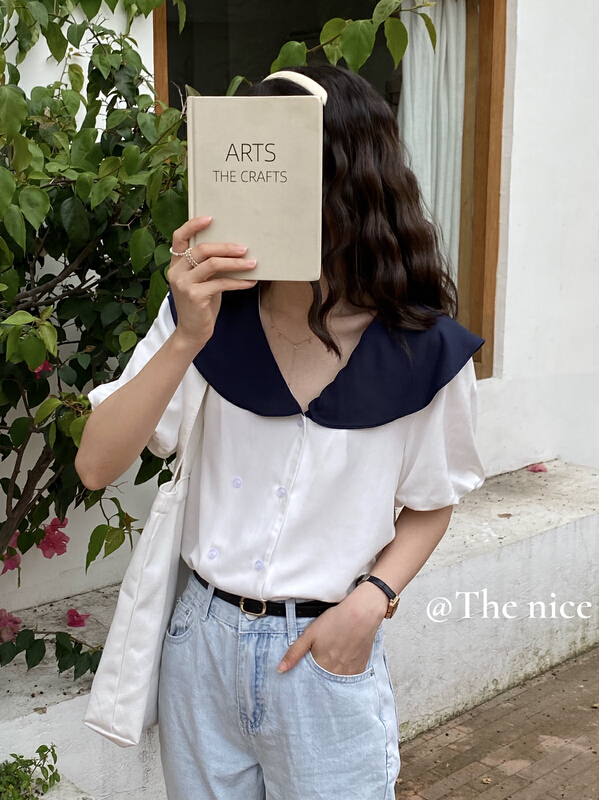 [the nice] double breasted contrast collar Korean small shirt a9258\hjy