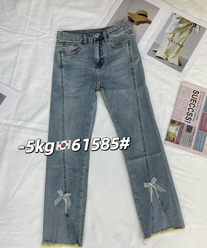 Live broadcast! [-5kg] bow split comfortable jeans 61585\ll