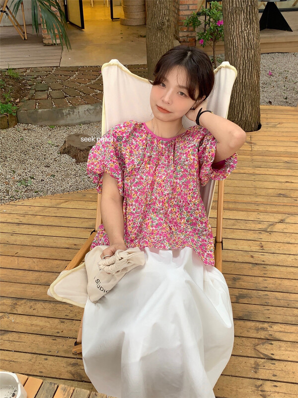 [seek peach] French round neck floral bubble sleeve shirt s5207\ll