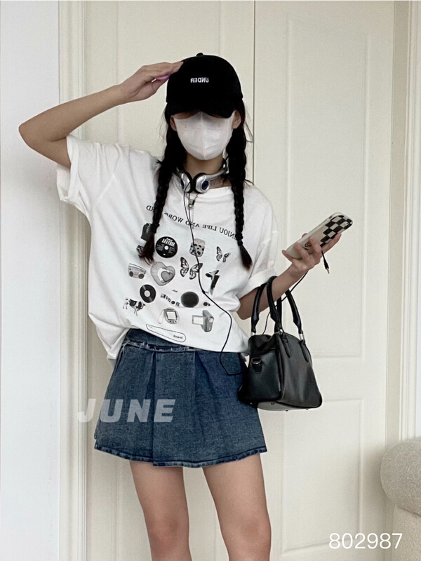 [June] Korean casual retro printed short sleeve T-shirt 802987\xyy