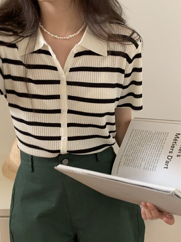 【GABRIELLE】polo條紋針織衫  B2304#  ZXL