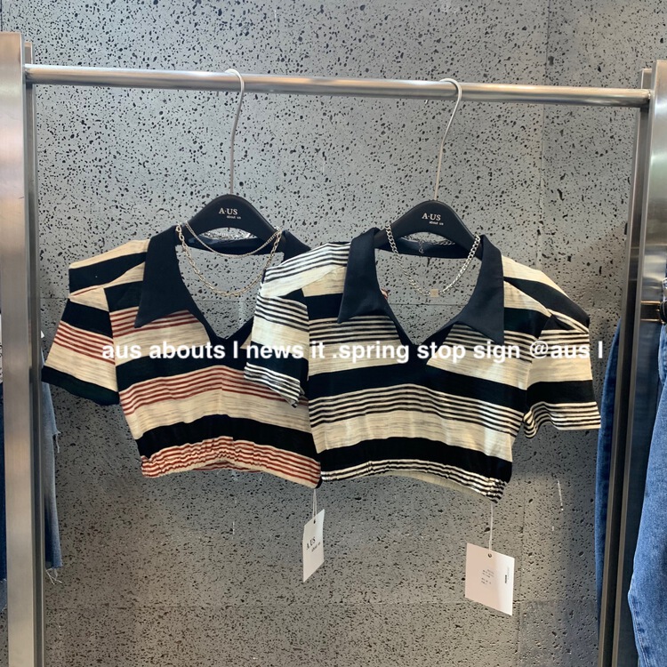 【 aus 】 striped Pullover versatile short sleeve T-shirt w052\pcz