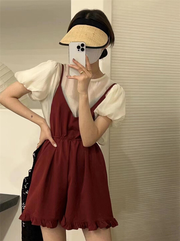 [h2-studio] temperament round neck bubble sleeve Pullover small shirt + high waist drawstring dress set ys1-a972\hbx