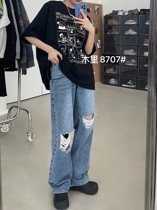 [jiajiatmmt Muli] straight tube fashion pierced comfortable jeans 8707\l