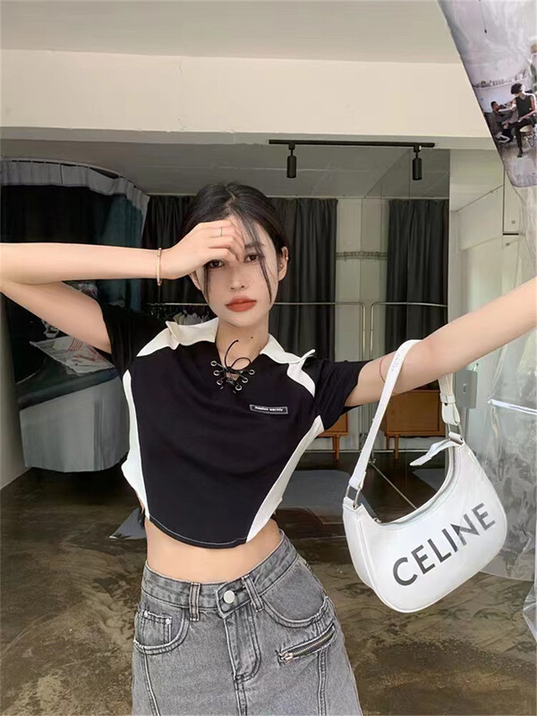 [Julia] V-neck lace up short drawstring color contrast belly exposed short sleeve T-shirt (T-shirt only) ys1-1017\pcz
