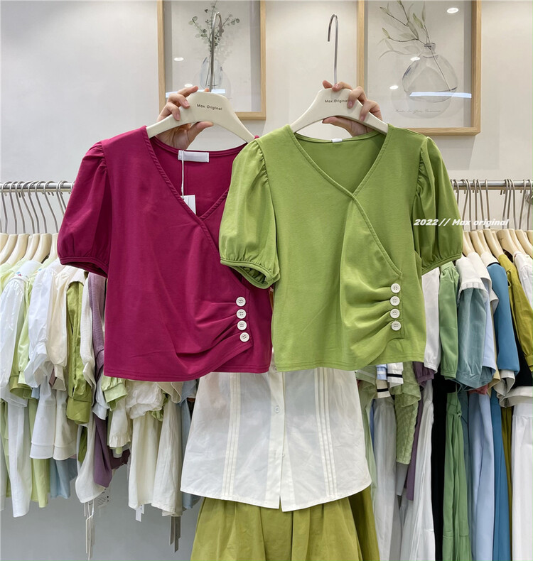 [Max original] simple temperament V-neck side button blouse 98257 \hbx