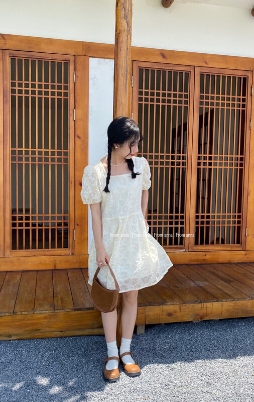 [from Anna] lady sweet square neck bubble sleeve waist dress 6193\lsw