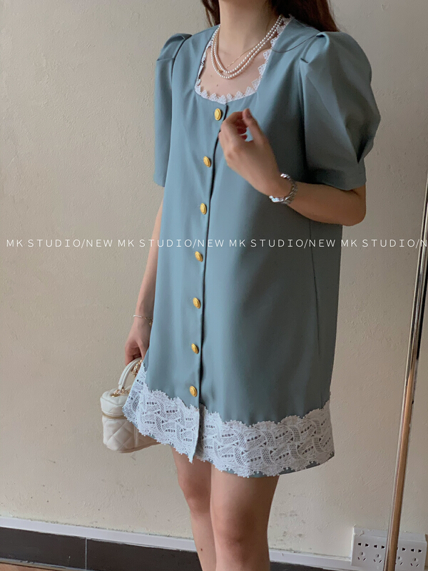 [chen/mk] round neck single breasted fashion dress 3318\hjy