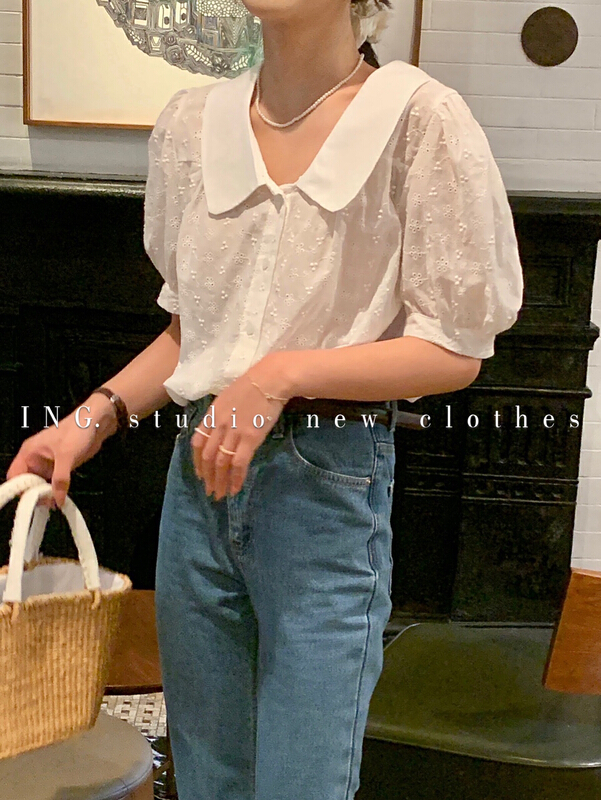 [ing] Korean retro short sleeve Crochet shirt 7816