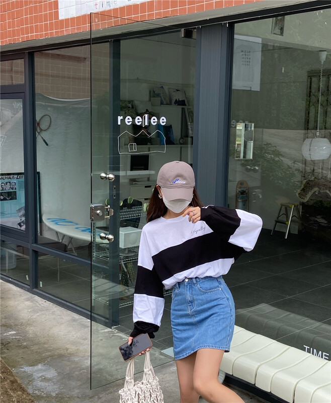 [fifteen] round neck color block loose long sleeve T-shirt 1373\lsw