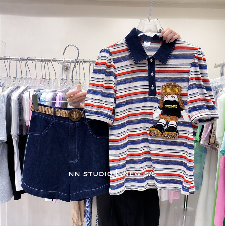 [NN] casual simple stripe loose Polo neck short sleeve T-shirt 7559\xyy