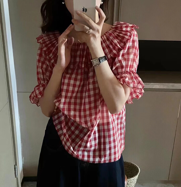 [love] French two-piece one shoulder plaid shirt s1582\hbx