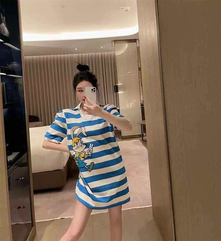 [big C studio] rabbit print stripe polo collar dress 1107\pcz