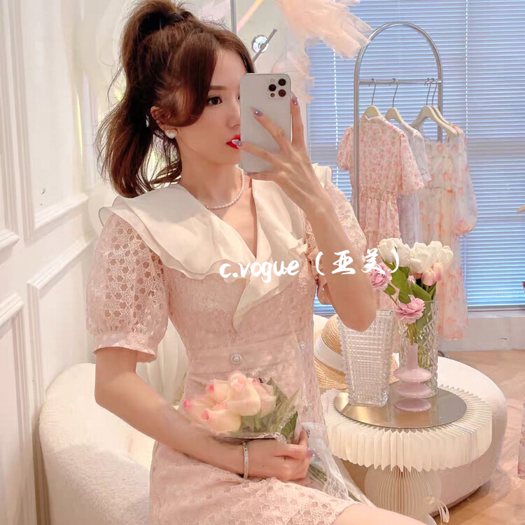 [c.vogue] Korean style small fragrant style lotus leaf collar patchwork dress 3809 \pcz