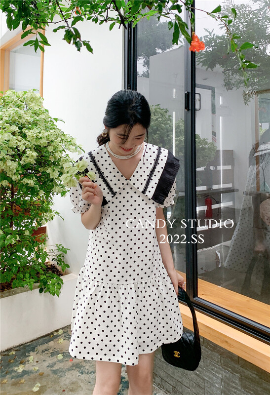 [candy] big Lapel Polka Dot Dress (without necklace) ys2-7535\zjy