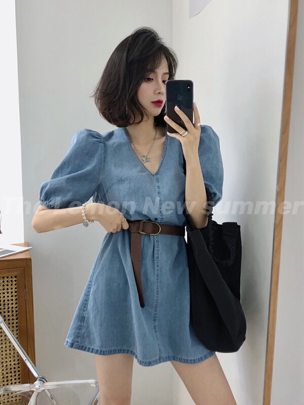 [lemon green tea] stylish V-neck bubble sleeve cow dress (with belt) ys1-737