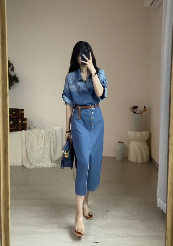 [JH] net red gradually washed denim dress (with belt) (dress only) 41927\pcz