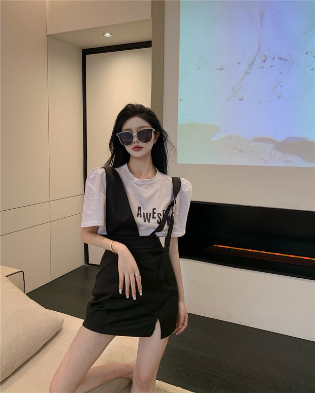 In early summer! [y.jia EJA] simple and versatile short sleeve + slim design suspender skirt set ys1-1011\pcz