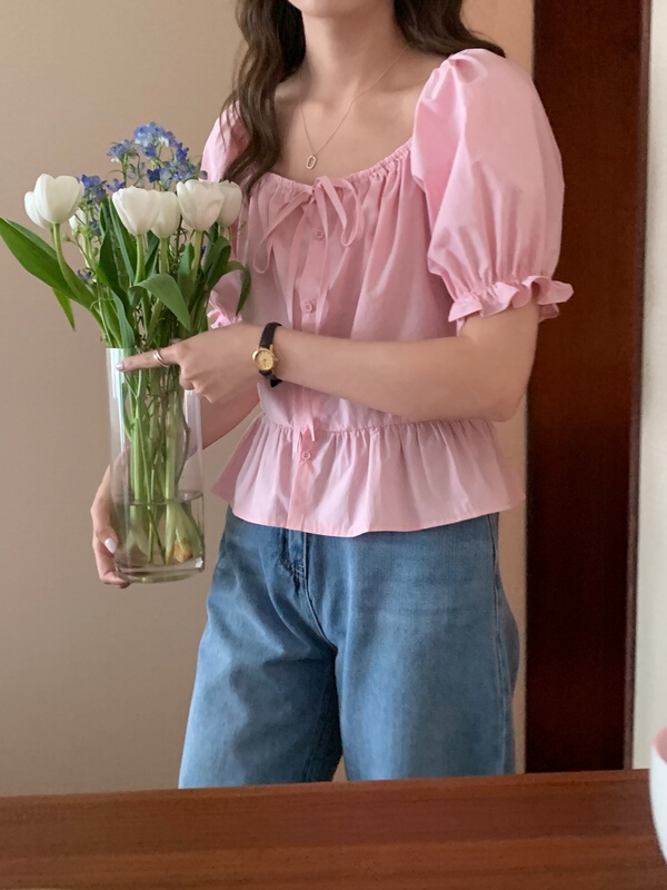 [feeding] Korean style square neck bubble sleeve short shirt 7829-j6\cls