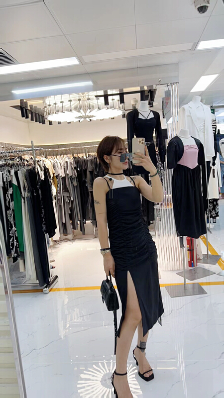 [semi plain] off shoulder Ruffle slim fit split sleeveless dress z097\zjy